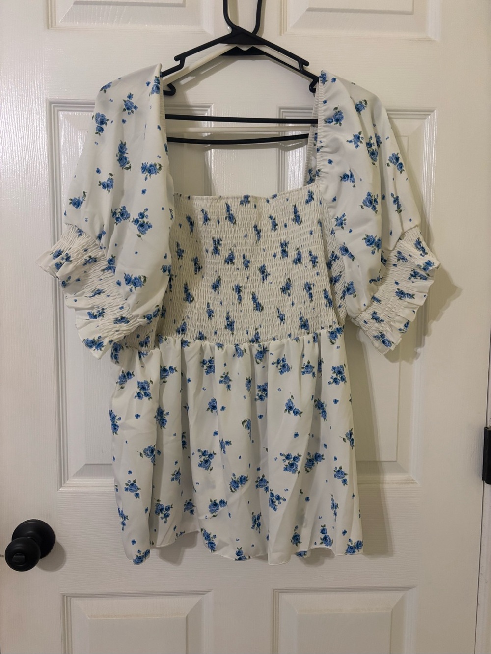 SHEIN White Peasant Top with Blue Floral Print